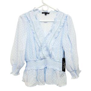 Blue Haute Monde Womens Polka Dot  Blouse Smocked Waist Long Sleeves SIZE S